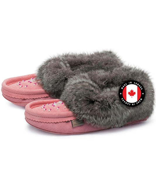 Laurentian Chief Moccasin Slippers for Woman - Orlon Beaded Slippers with Fur Trim and Padded Sole, Canada Quality Womens, Comfortable Stylish Indoor Moccasins for Women