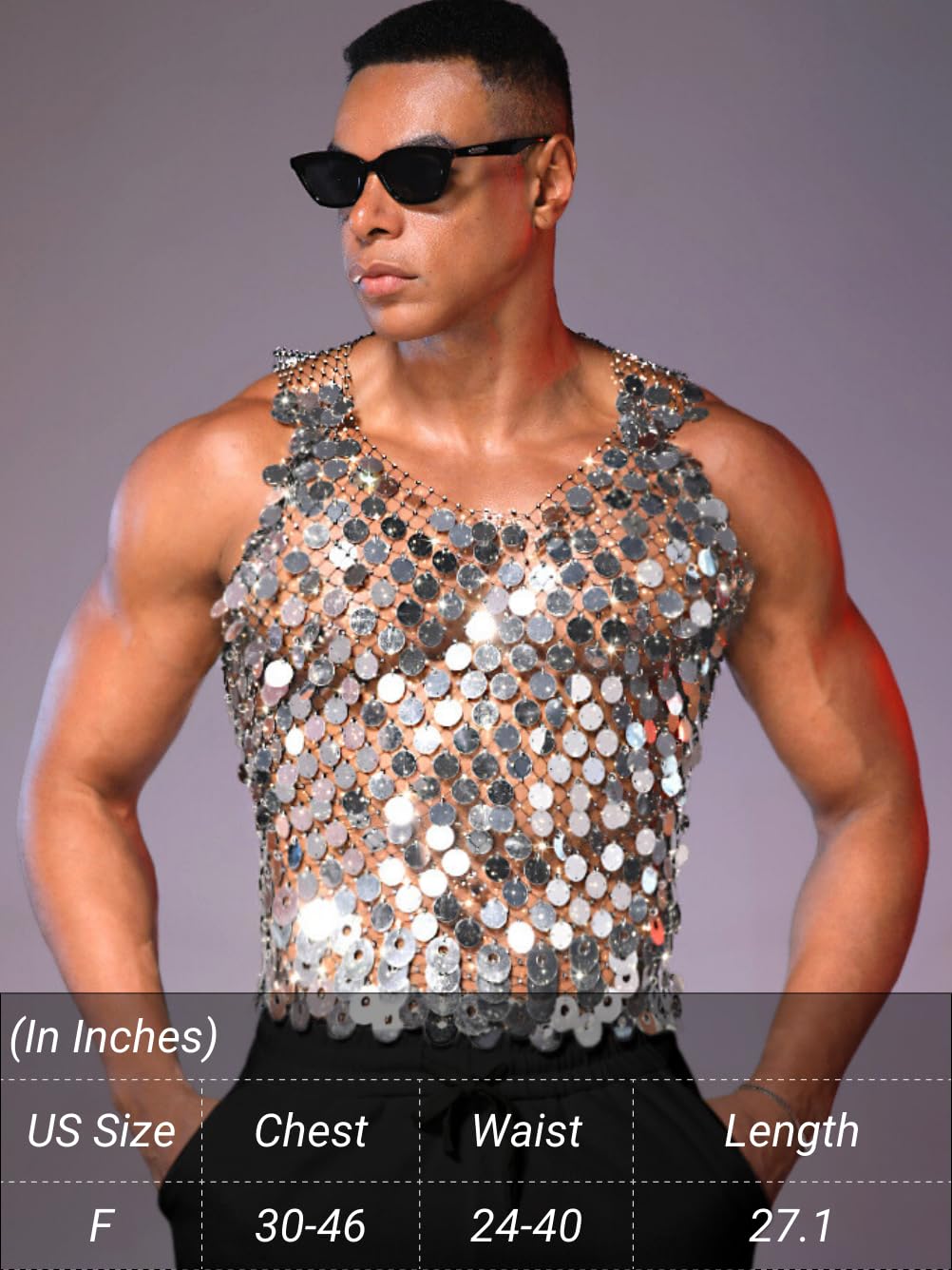 ChiaoLezhee Men's Big Sequin & Rhinestone Mesh Shirt for Rave, Sparkly Reflective Metallic Sexy Tank Top,Club Party Festival Outfits Summer Going Out Fishnet Glitter Sheer Sleeveless,Silver