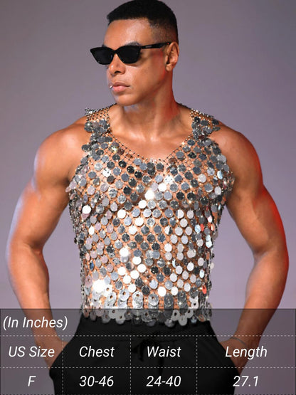 ChiaoLezhee Men's Big Sequin & Rhinestone Mesh Shirt for Rave, Sparkly Reflective Metallic Sexy Tank Top,Club Party Festival Outfits Summer Going Out Fishnet Glitter Sheer Sleeveless,Silver
