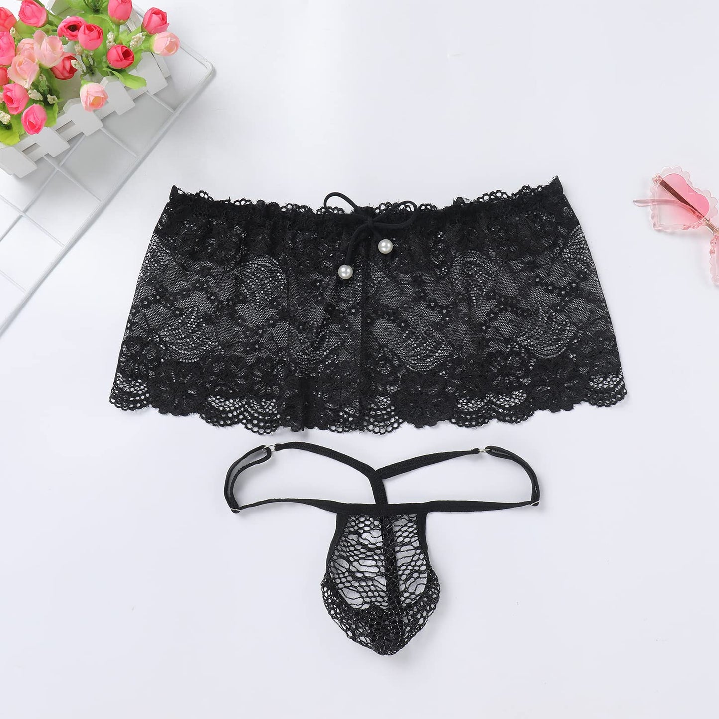 ABAFIP Men's Crossdresser Sissy Lingerie Low Waist Lace Mesh Sheer Mini Skirt + G-string Thong Panties 2 Piece Crossdressing Underwear set Black One Size