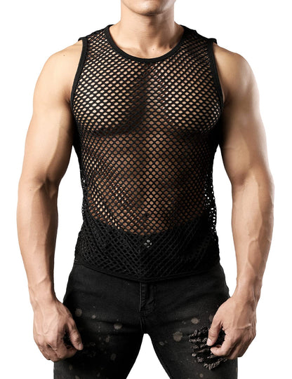 JOGAL Men's Mesh Fishnet Fitted Sleeveless Muscle Top Large WG01 Black