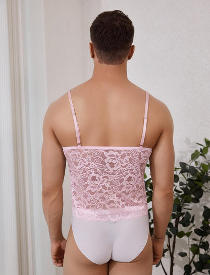 ABAFIP Men’s Sissy Lace Cami Top Floral Sheer Camisole Ruffle V-Neck Sleeveless Shirt See Through Undershirt Pink Medium