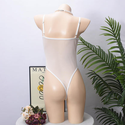 Women's Sheer Mesh Bodysuit Lingerie See Through Teddy High Cut Thong Leotard Sexy Body suit White Large