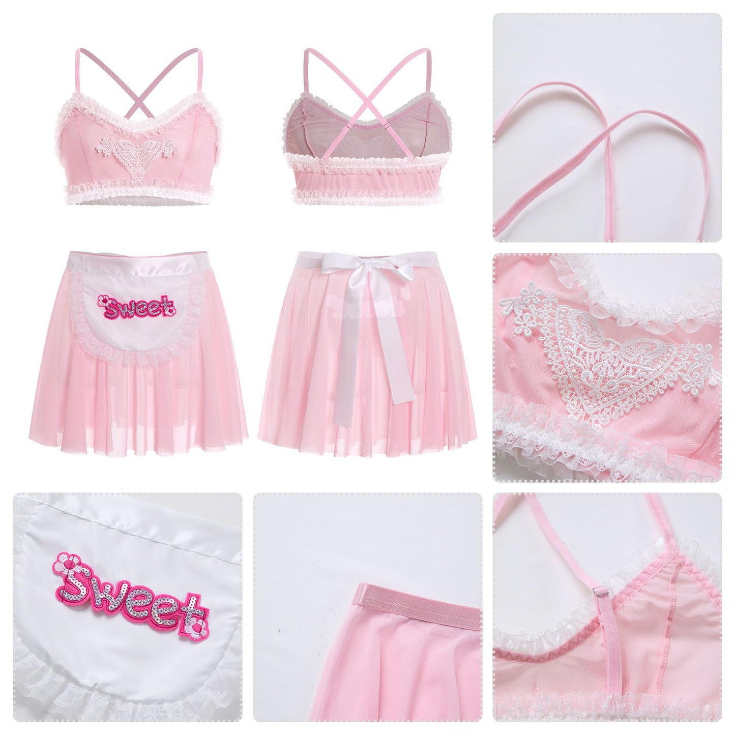Men's Sissy Clothes Cross Back Mesh Sheer Bra Top Skirt Mini Apron Crossdressing Lingerie Outfits Pink Medium