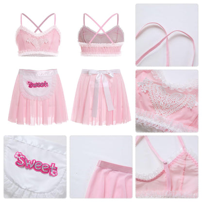 Men's Sissy Clothes Cross Back Mesh Sheer Bra Top Skirt Mini Apron Crossdressing Lingerie Outfits Pink Medium