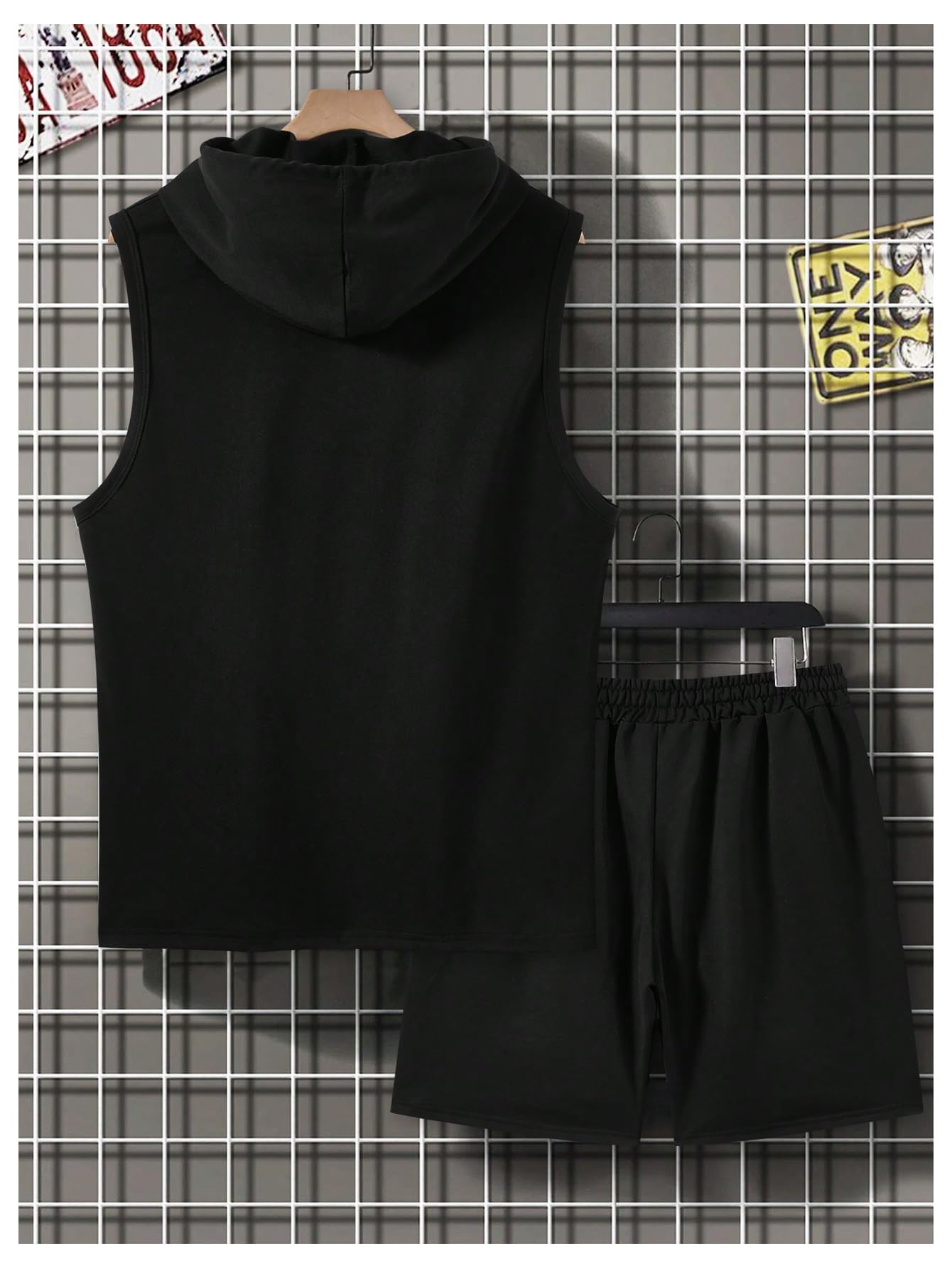 RoseSeek Men's 2 Piece Workout Tracksuit Sleeveless Hoodie Tank Top and Track Shorts Clothing Set Black Small