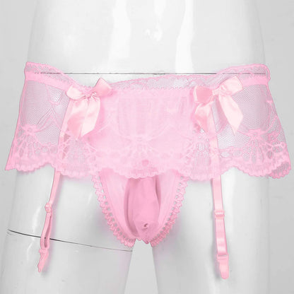 Men's Sissy Pouch Panties Lace Skirted Bikini Briefs Underwear Crossdressing Underpants (US, Alpha, One Size, Regular, Regular, Pink)