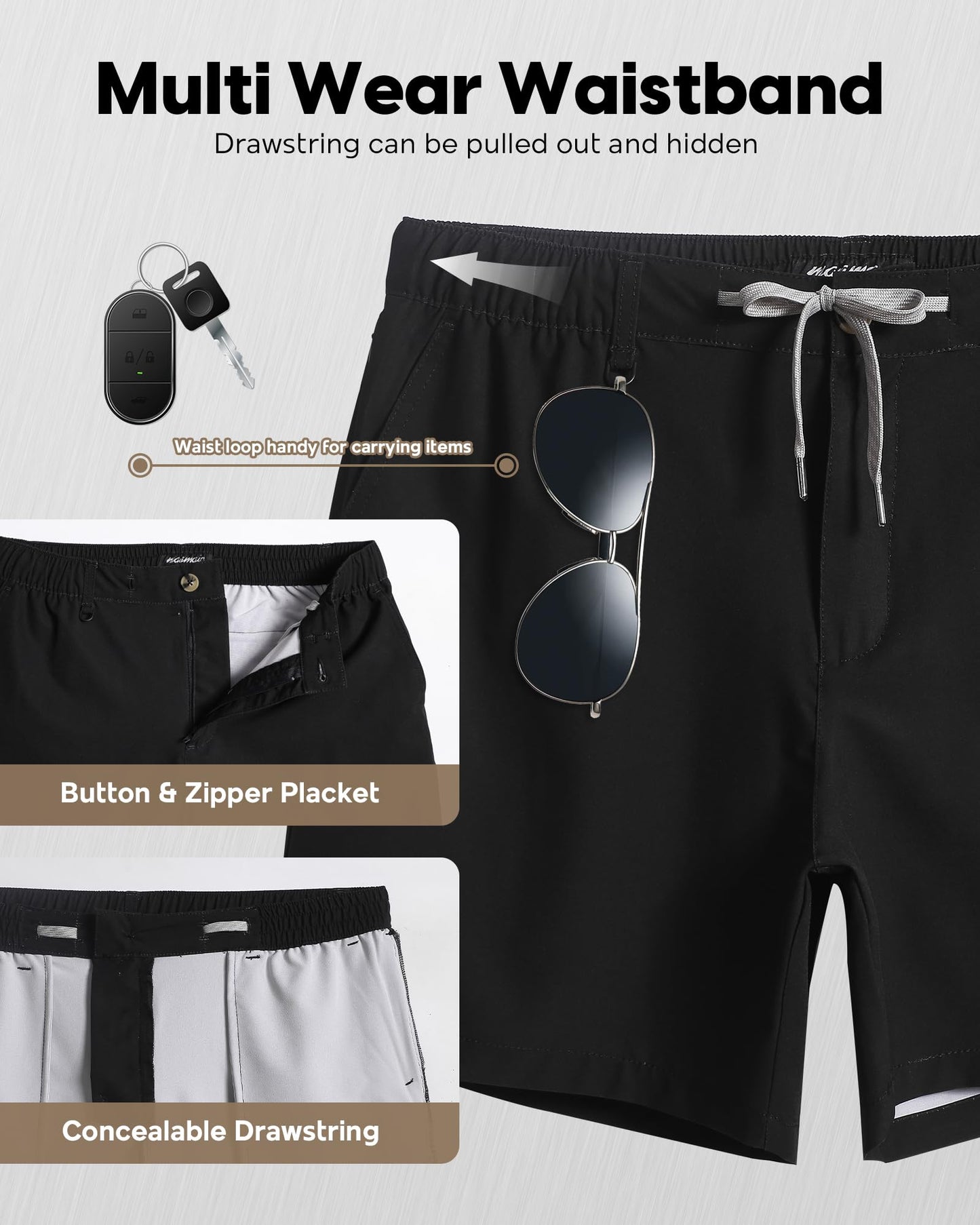 maamgic Men's 5 Inseam Shorts Casual Classic Fit Short Men with Multi-Pocket Mens Workout Shorts Hybrid Quick Dry Shorts Black Medium