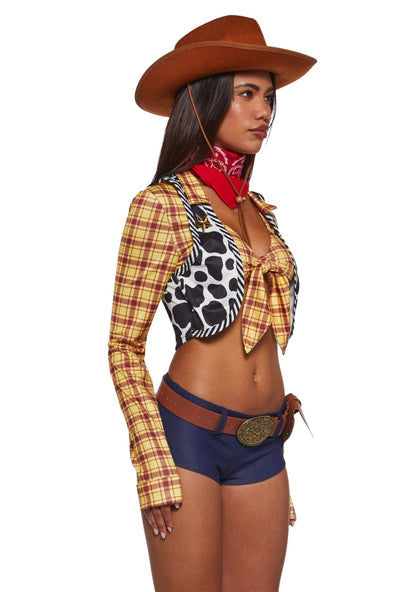 Dolls Kill Toy Cowboy Costume by Trickz N’ Treatz – Women’s Plaid Crop Top, Shorts, Belt, Bandana & Hat Set, X-Large