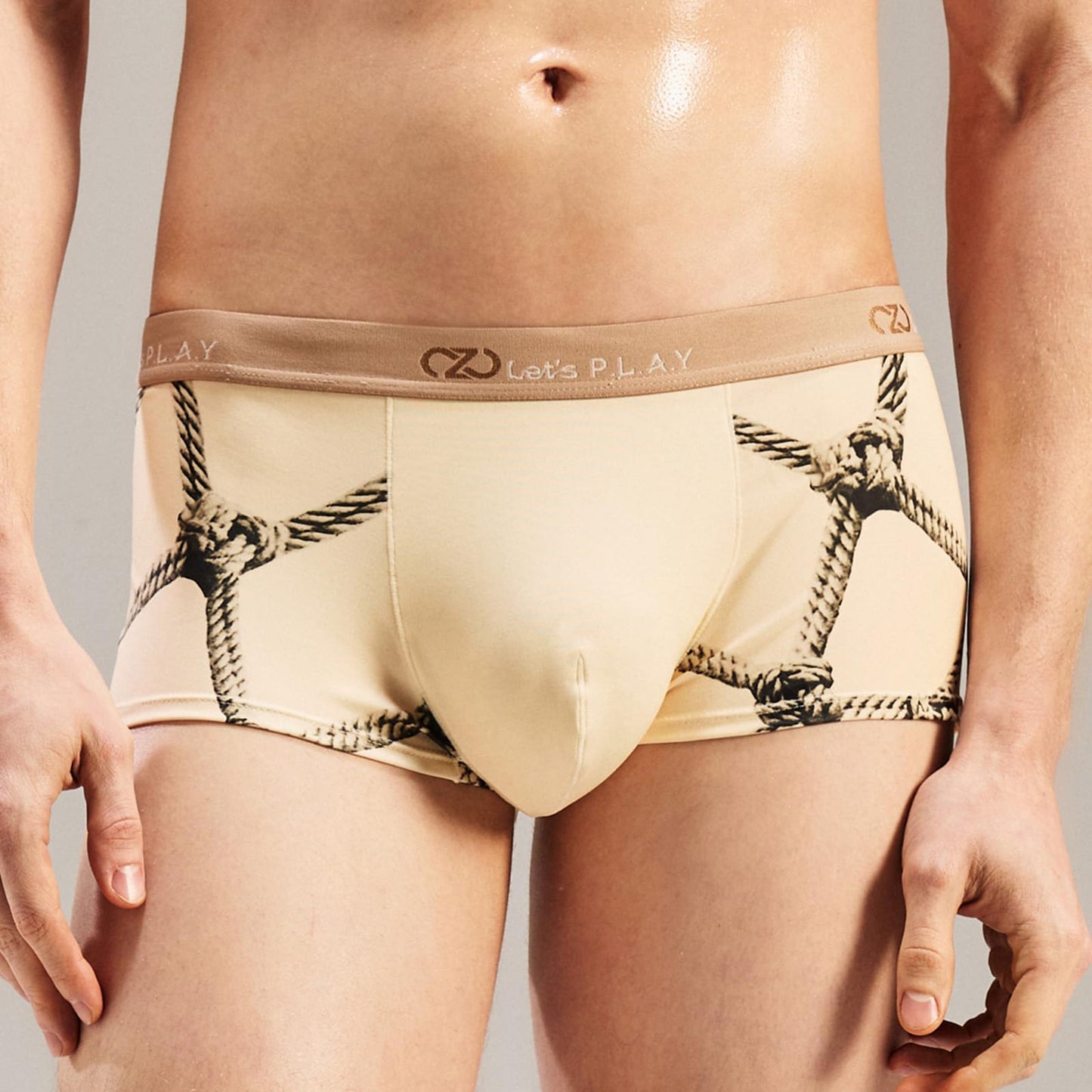 BSZN Men's Sexy Boxer Briefs, Beige Rope Shibari Print Devil Tail Back Mid Rise Ultra Soft Thin Sexy Lingerie