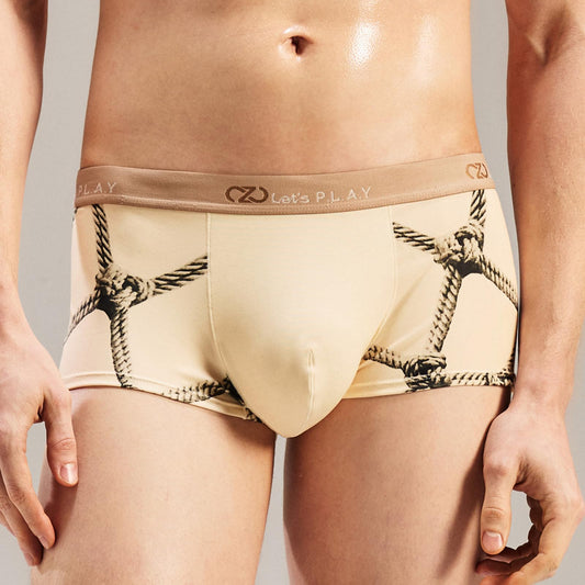 BSZN Men's Sexy Boxer Briefs, Beige Rope Shibari Print Devil Tail Back Mid Rise Ultra Soft Thin Sexy Lingerie