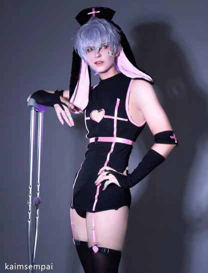 Men Bunny Nurse Set Kawaii Cosplay Lingerie Bodysuit (Black, S)