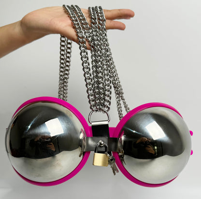 Female Chastity Device Bra Stainless Steel Adjustable BDSM Slave Metal Lockable Underwear Chain Bondage Game Erotic Slave Fetish Sex Toy (Pink)
