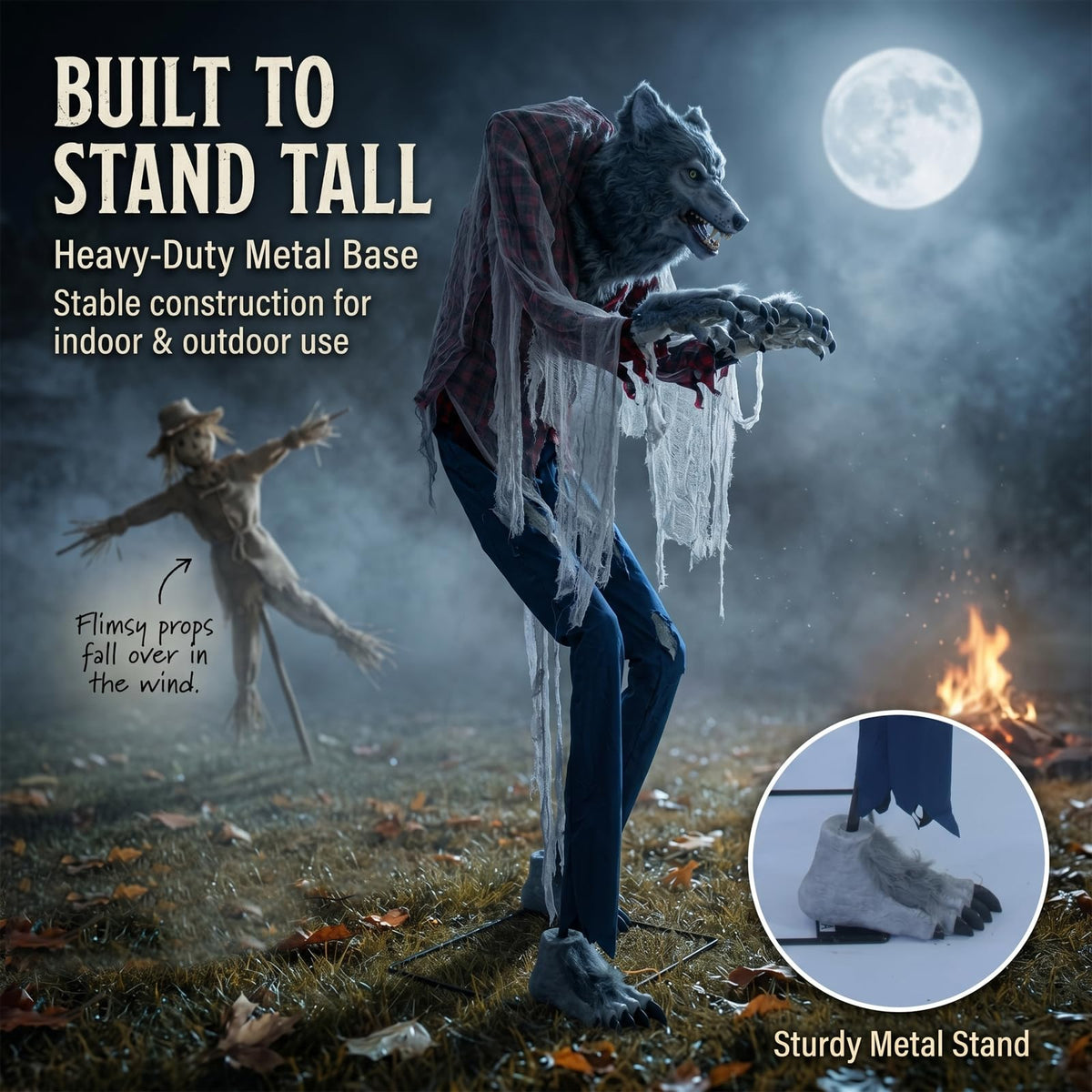 7FT Animated Halloween Werewolf Decoration - Sound Activated Werewolf Animatronic Outdoor with Motion, Lights and Sound, Scary Wolf in Red Plaid Shirt and Jeans, for Yard Porch Haunted House
