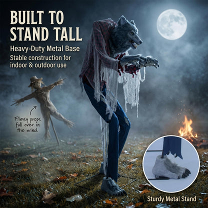 7FT Animated Halloween Werewolf Decoration - Sound Activated Werewolf Animatronic Outdoor with Motion, Lights and Sound, Scary Wolf in Red Plaid Shirt and Jeans, for Yard Porch Haunted House