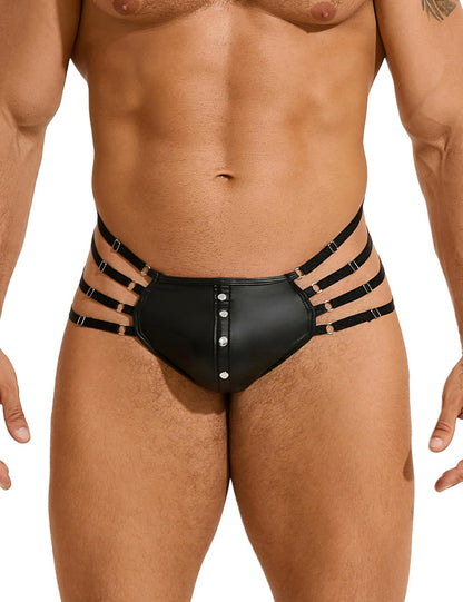 comeondear Mens Faux Leather Thong Panties Black Plus Size Jockstrap T-Back Bulge Pouch Briefs G-String with Rivet Sexy Low Rise Underwear