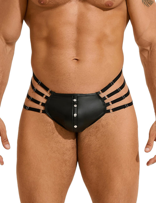 comeondear Mens Faux Leather Thong Panties Black Plus Size Jockstrap T-Back Bulge Pouch Briefs G-String with Rivet Sexy Low Rise Underwear