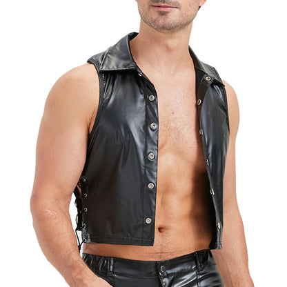 YUFEIDA Men's Faux Leather Undershirts Button Laceup Sleeveless Tank Tops Muscle Fit Waistcoat Tops Fashion Undershirts