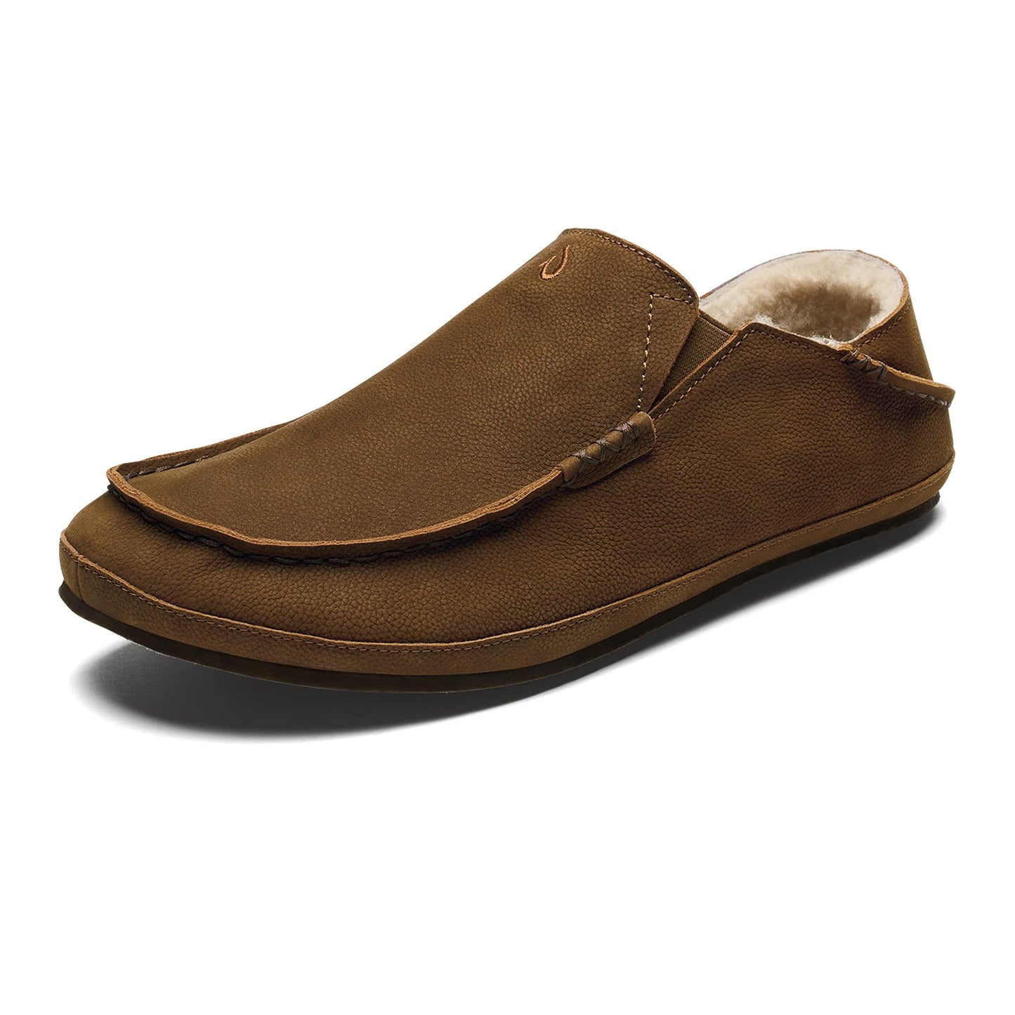 OLUKAI Moloa Slipper, Men's Premium Leather Slip-On Shoes, Soft Genuine Shearling Lining & Gel Insert, Drop-In Heel & All-Day Comfort, Kona Coffee/Kona Coffee, 9