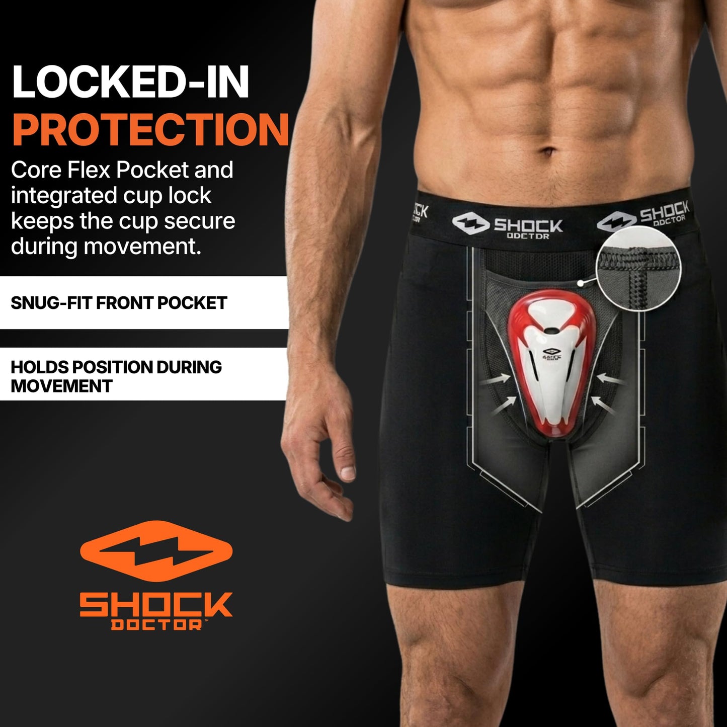 Shock Doctor Compression Shorts with Protective Bio-Flex Cup, Moisture Wicking Vented Protection, Black, Adult, Medium