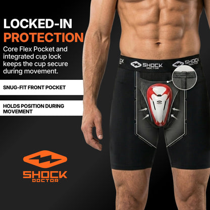 Shock Doctor Compression Shorts with Protective Bio-Flex Cup, Moisture Wicking Vented Protection, Black, Adult, Medium