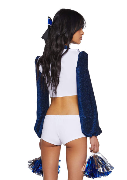 Dolls Kill Lone Star Cheerleader Costume Set by Trickz N' Treatz – Crop Top, Shorts, Vest, Pom-Poms, and Hair Clip – Blue, XX-Small