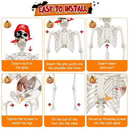 5.5 FT Skeleton Halloween Decorations, Posable Full Body Life-Size Skeleton Prop with Movable Joints for Halloween Decorations Haunted House Outdoor Yard Prop