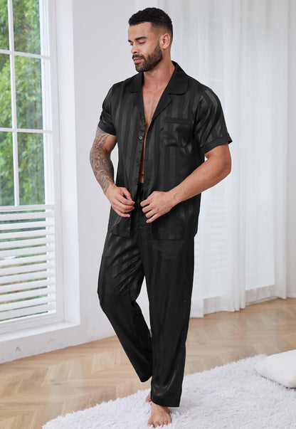 DEARCASE Mens Pajamas Set Satin Silk for Men Sexy Loungewear Black XX-Large Classic Sleepwear Long Pants Button Down Pajama 2 Piece Lingerie