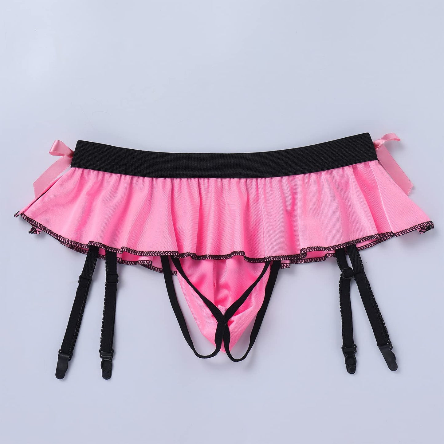 ABAFIP Men's Sissy Lingerie Skirted Garters Belt Panties Bowknot Stockings 2 Piece Crossdressing Underwear Honeymoon Valentine Nightwear set Pink-socks set One Size
