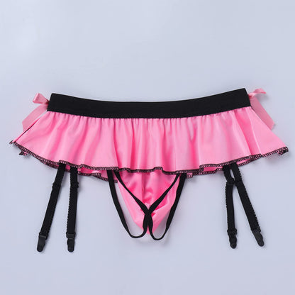 ABAFIP Men's Sissy Lingerie Skirted Garters Belt Panties Bowknot Stockings 2 Piece Crossdressing Underwear Honeymoon Valentine Nightwear set Pink-socks set One Size