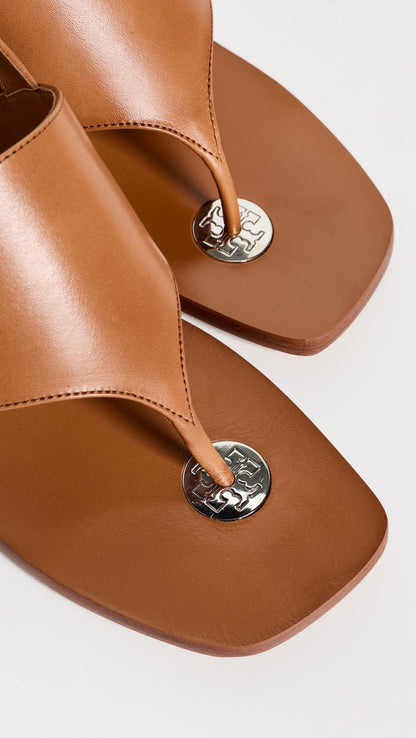 Tory Burch Women's Double T Coin Heel Sandals 55mm, Tan, 9 Medium US