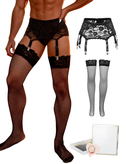 Men's 6-Strap High-Waist Black Lace Garter Belt with Fishnet Stockings Set Adjustable Suspenders Metal Clamps Garter Belts for Thigh Highs, S
