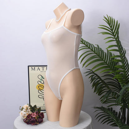Women's Sheer Mesh Bodysuit Lingerie See Through Teddy High Cut Thong Leotard Sexy Body suit White Large