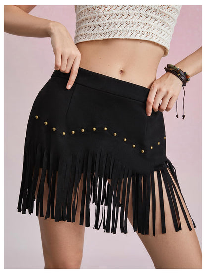 Women's Suede Fringe Sexy Cowgirl Skirts Country Concert Outfit Western High Waisted Skirt Black Small
