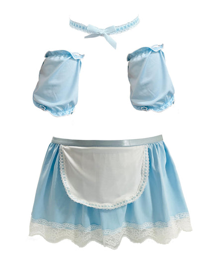 3-Pieces Maid Costume Outfit For Men, Men's Mini Skirt Sissy Outfit Crossdressing (Blue, One Size)