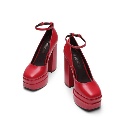 Women's Mary Jane Platform Heel Pumps,Size 7,Red-Pu