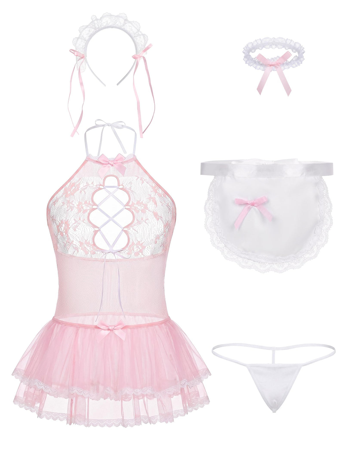 Men's Crossdressing Lingerie Dress Maid Outfit set Pink Medium