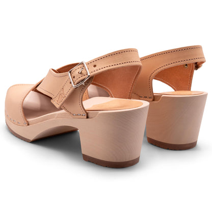 Sandgrens Handmade Swedish Wood Clogs for Women, High Heel Sandal US 4 | Morocco Ecru Veg Tan LT, EU 35