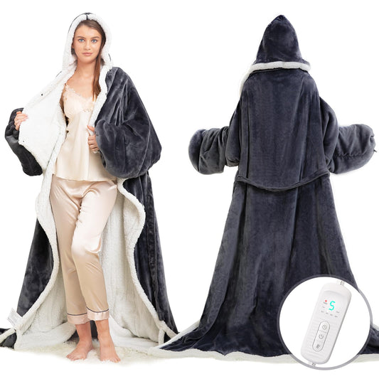 Wearable Heated Blanket with Foot Pocket, Electric Wearable Throw Blanket with Sleeves, Hood, Portable Heated Blanket with 8 Heat Settings, 1-10 Hours Auto Shut-off, Gift for Family, Friends, 50*70"