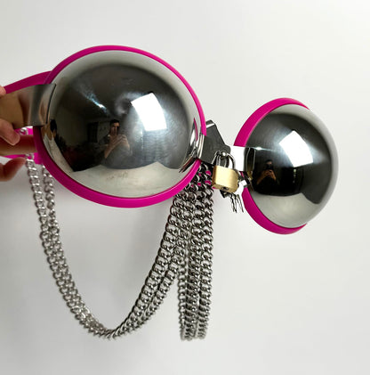 Female Chastity Device Bra Stainless Steel Adjustable BDSM Slave Metal Lockable Underwear Chain Bondage Game Erotic Slave Fetish Sex Toy (Pink)