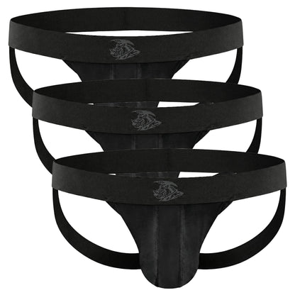 Real Men Strapped Jocks Nylon Mesh No Fly Mid-Rise 3 Pack 0 Inch BLACK B Pouch Medium