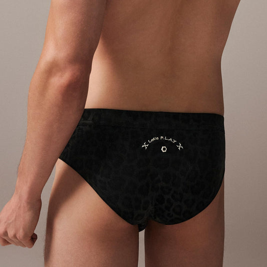 BSZN Men's Sexy Briefs, Black Leopard Print Punk Style Detachable Logo Rivet Eyelet DIY Mid Rise Stretch Sexy Lingerie from D-Dangerous Game Collection