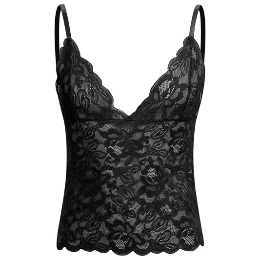 Men’s Lace Cami Top Floral Sheer Camisole Ruffle V-Neck Sleeveless Shirt See Through Undershirt Black Medium