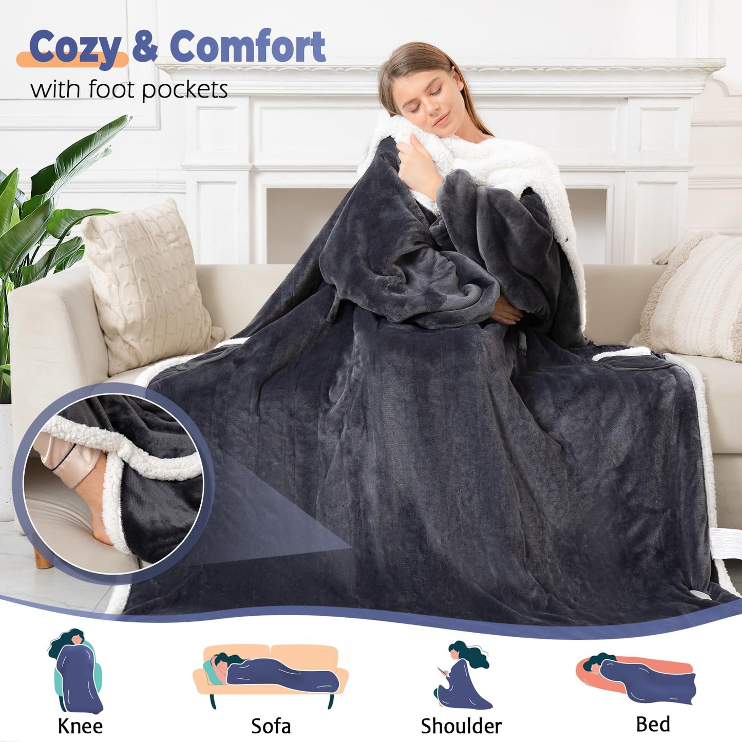 Wearable Heated Blanket with Foot Pocket, Electric Wearable Throw Blanket with Sleeves, Hood, Portable Heated Blanket with 8 Heat Settings, 1-10 Hours Auto Shut-off, Gift for Family, Friends, 50*70"