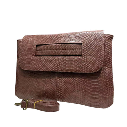 Women's Fashion Snake-Print Vegan Leather Clutch Handbag High-Capacity Vintage Evening Purse Messenger Shoulder Bag,Brown