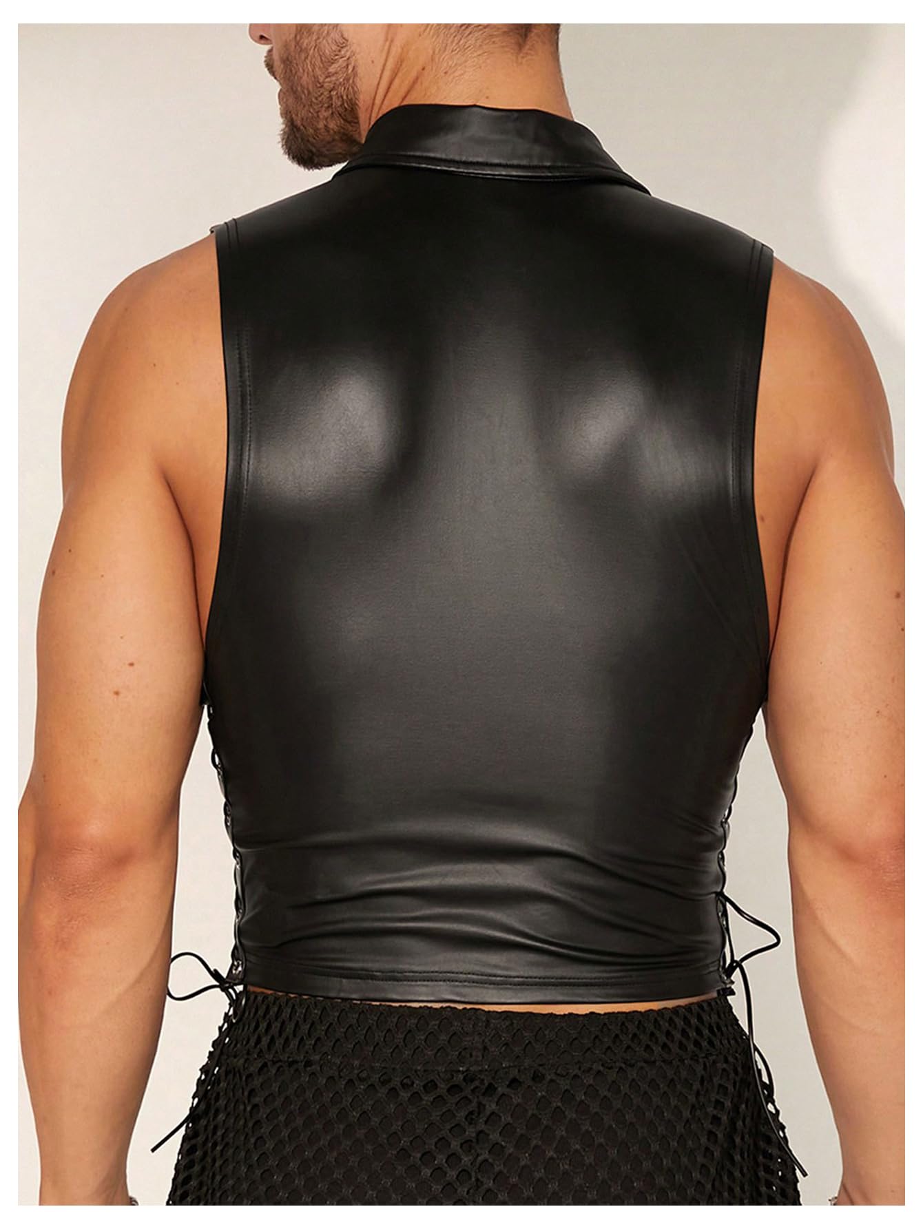 OYOANGLE Men's Faux Leather Tank Tops Sleeveless Fitted Muscle Undershirt Button Down Vest Top Nightwear Black Large