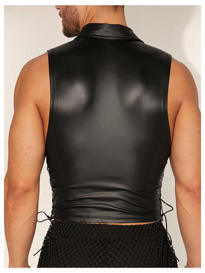 OYOANGLE Men's Faux Leather Tank Tops Sleeveless Fitted Muscle Undershirt Button Down Vest Top Nightwear Black Large