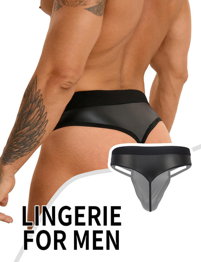 Mens Thong G-String Faux Leather Pouch
