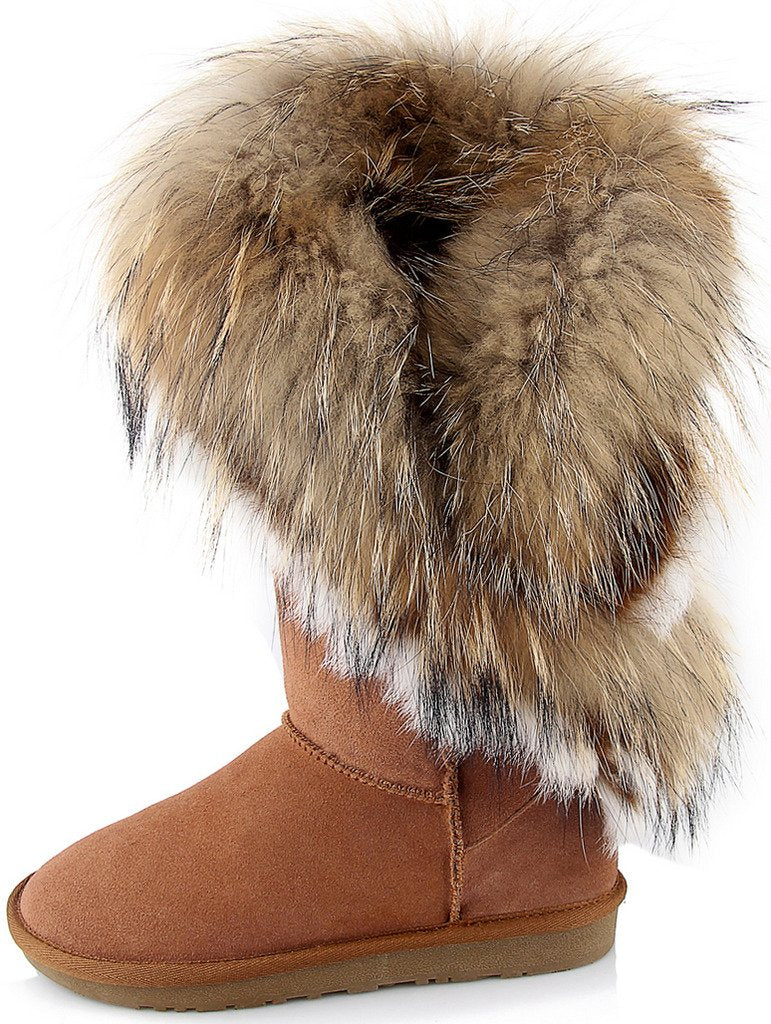 APHNUS Womens Mid Calf Boots Cow Leather Fur Snow Boots Brown US7