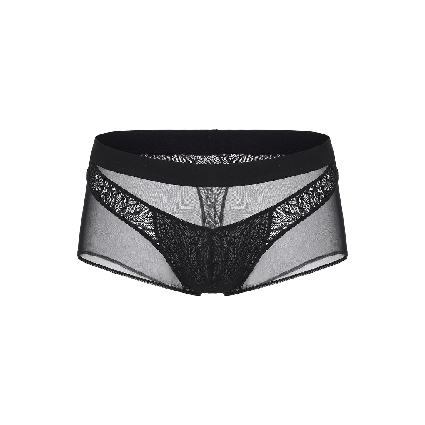 BSZN Men's Sexy Boxer Briefs, Black Plant Vein Lace Mesh Patchwork